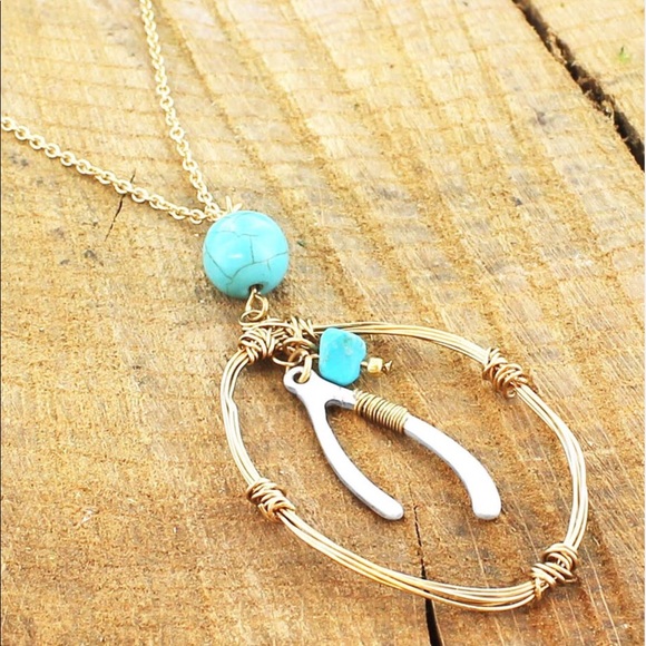 Wishbone Gold Wrapped Turquoise Pendant Necklace - Picture 2 of 3
